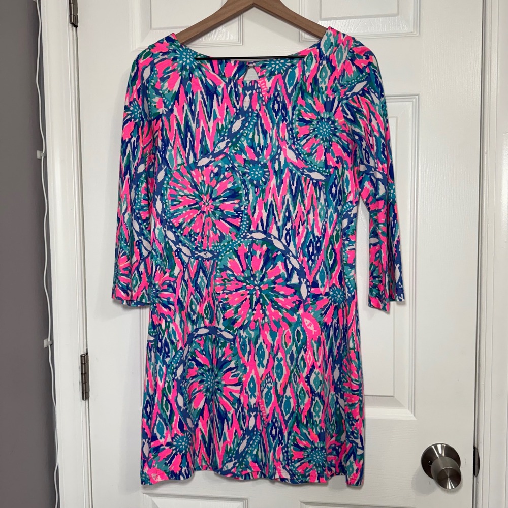 NWOT $118 Lilly Pulitzer Bay Dress Tiki Pink Shake It Up Vibrant Summer Dress S